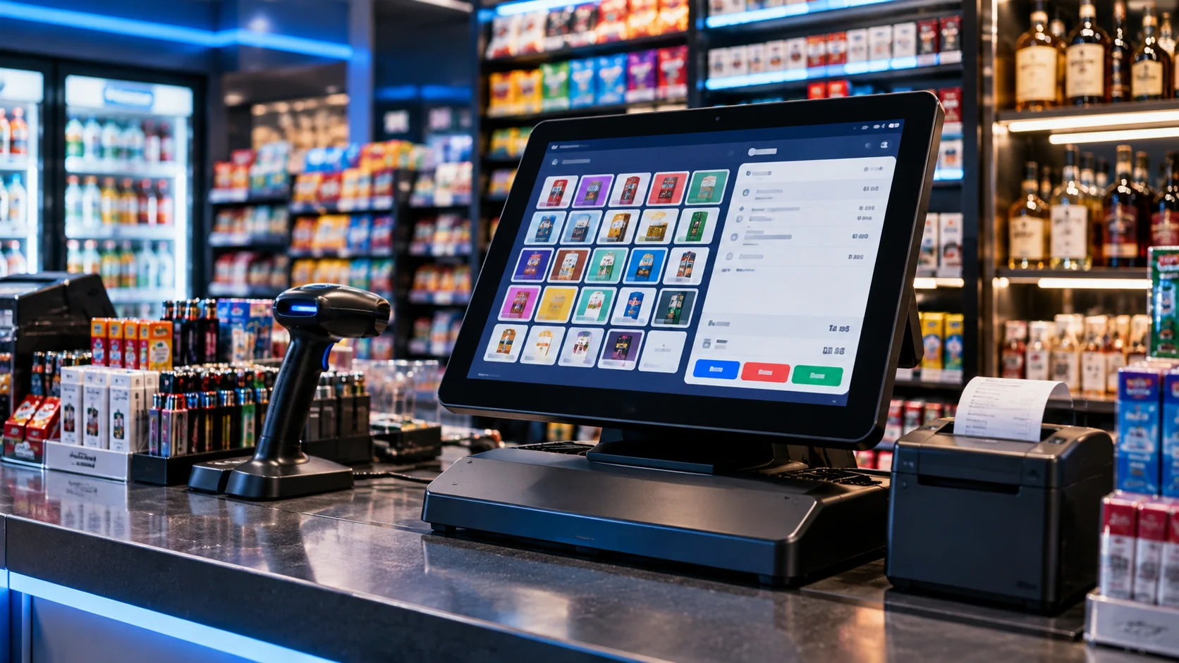 Modern retail checkout terminal, barcode scanner, and receipt printer in a convenience store